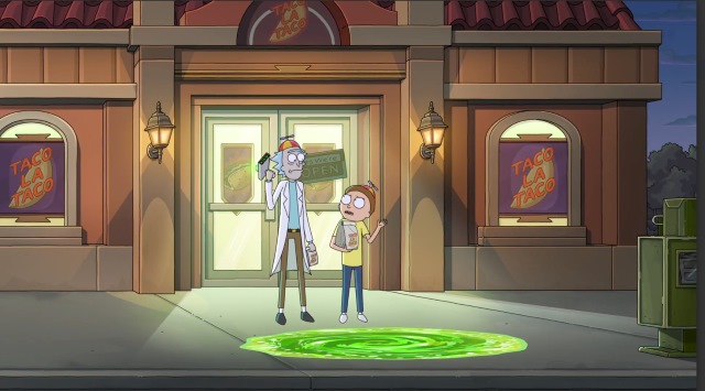 alt="Rick and Morty standing by a green portal.jpg"