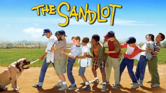 alt="The Sandlot movie poster with 9 boys and a dog holding a bat"