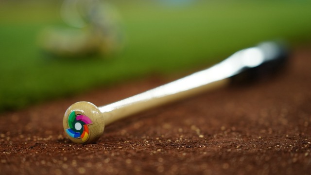 alt="Baseball Bat on baseball diamond with World Baseball Classic logo on the end"