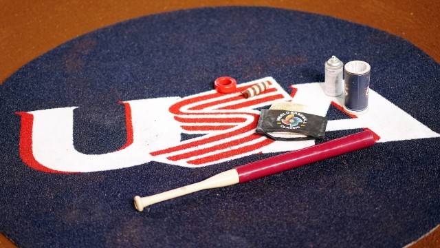 alt="Team USA baseball bat on Team USA logo for World Baseball Classic"