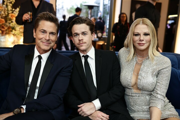 alt="Rob Lowe with his son and wife at the party | Photo credit: Greg Doherty Photos "